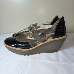 Fly London Womens Wedge Mary Jane Black Patent Olive Green Lace Up Platform
